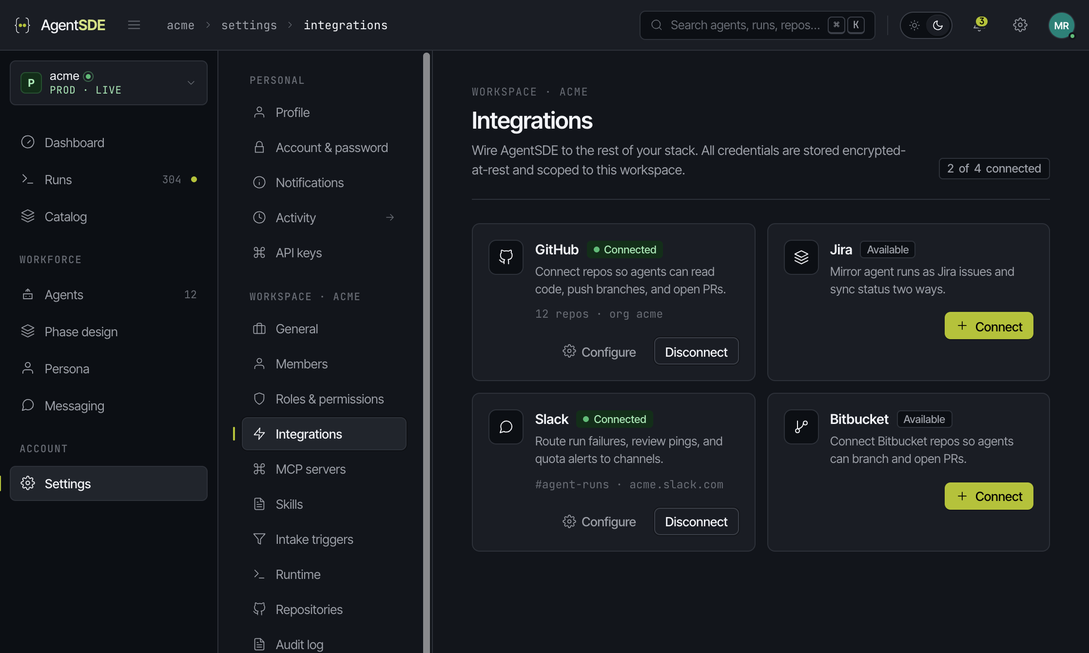 Integrations settings