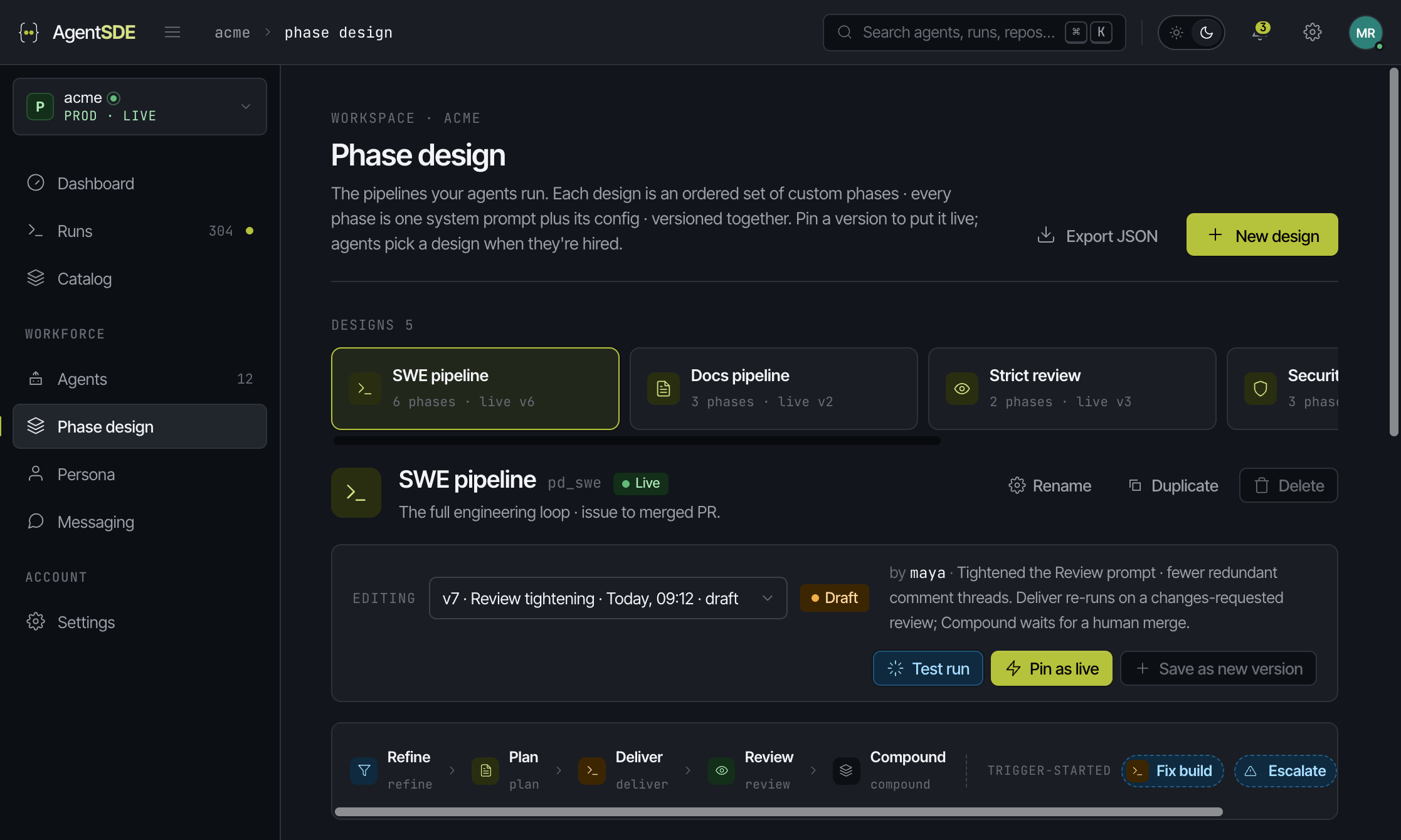 Phase design library with version bar and test history